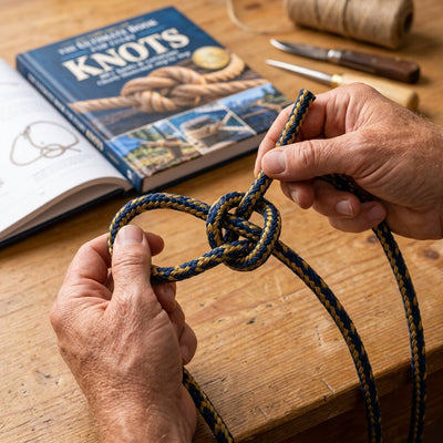 Hands following step-by-step knot diagram from the book