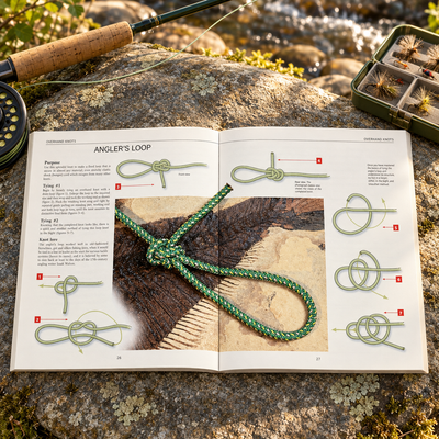 The Little Book of Incredibly Useful Knots open to Angler's Loop page, on a riverside rock with fly fishing rod and tackle box
