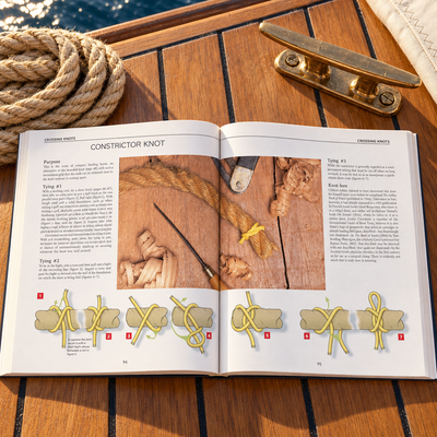 The Little Book of Incredibly Useful Knots open to Constrictor Knot page, on sailboat teak deck with brass cleats and nautical rope