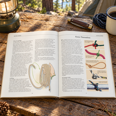 The Little Book of Incredibly Useful Knots open to Knots Themselves page, at campsite table with lantern and pine trees